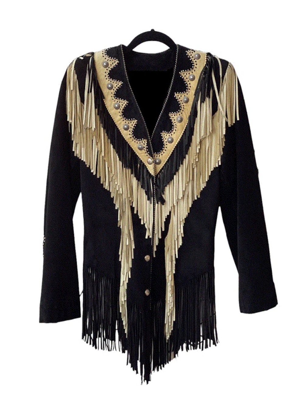 Black Suede Fringe Jacket with Tan Embellished Yoke